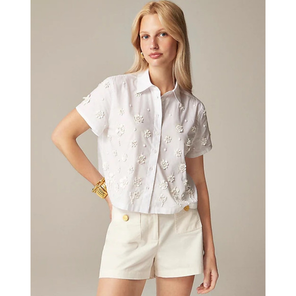 J Crew Collection Embellished Button Up Cotton Shirt US Women's 0 New - Picture 1 of 7